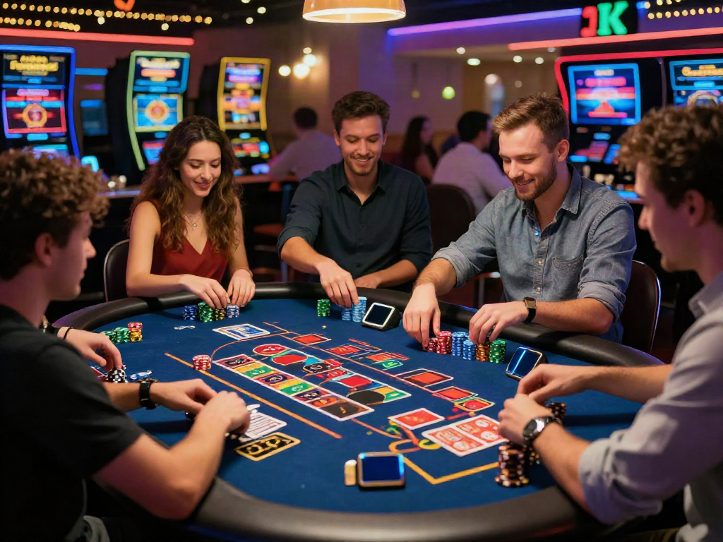 Group playing at a non Gamstop UK casino table with colorful gaming elements and vibrant atmosphere.