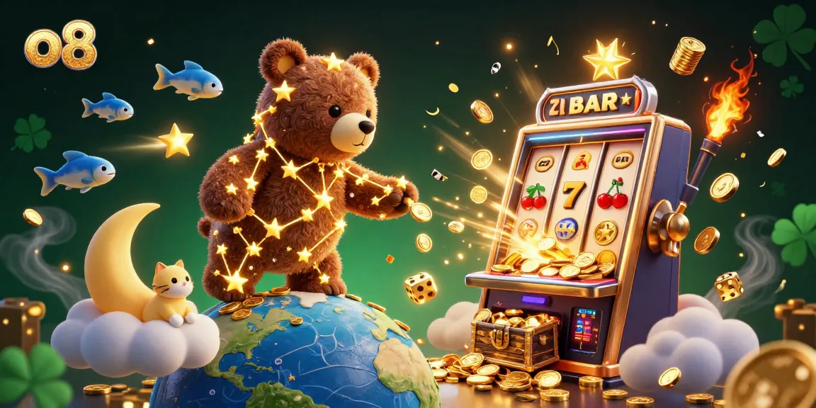 Experience big wins at o8 with a constellation bear gathering coins amidst vibrant casino excitement.