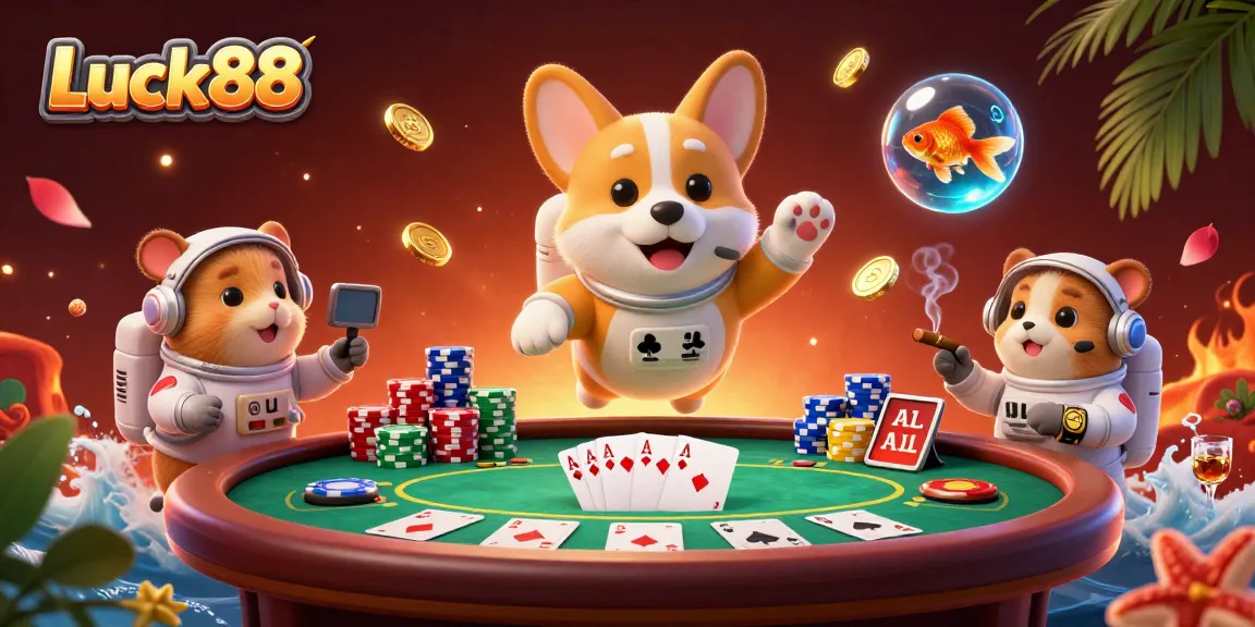 Engage with Luck88 in a vibrant casino scene featuring an astronaut corgi and playful characters.