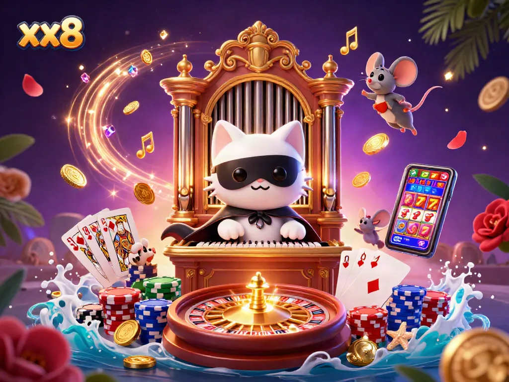 Join the action with xx8 as a phantom cat plays organ amidst dazzling casino elements.