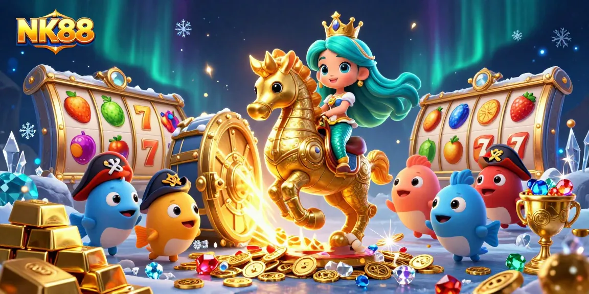 Experience thrilling slots at NK88, featuring a vibrant mermaid princess and her treasure.