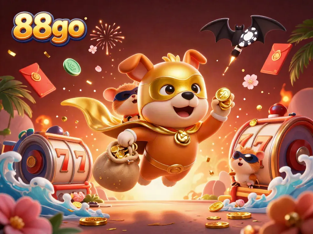 Experience dynamic gaming at 88go with a superhero dog and colorful casino elements.