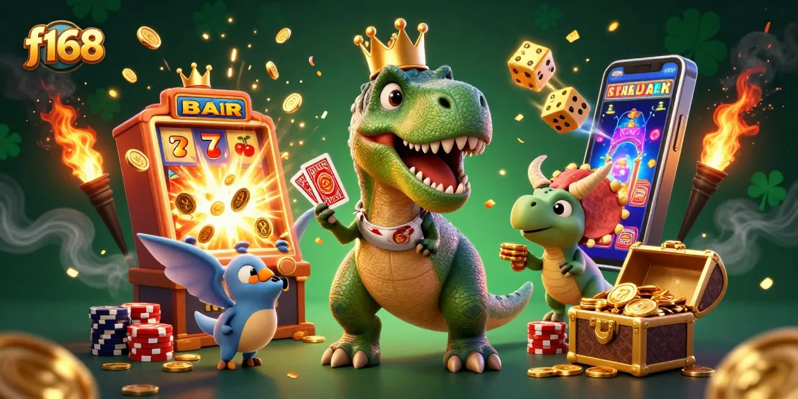 Experience thrilling games at f168 with a cartoon T-Rex, vibrant slots, and sparkling gold coins.