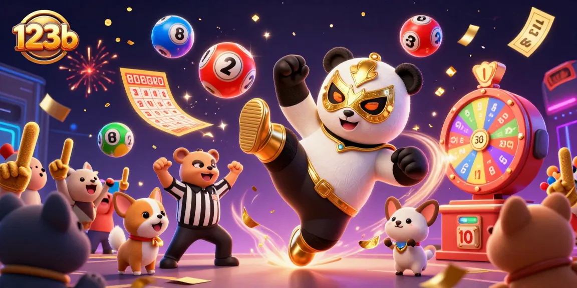 Engage with the thrilling energy of 123b, featuring a vibrant 3D scene of a panda wrestler in action.