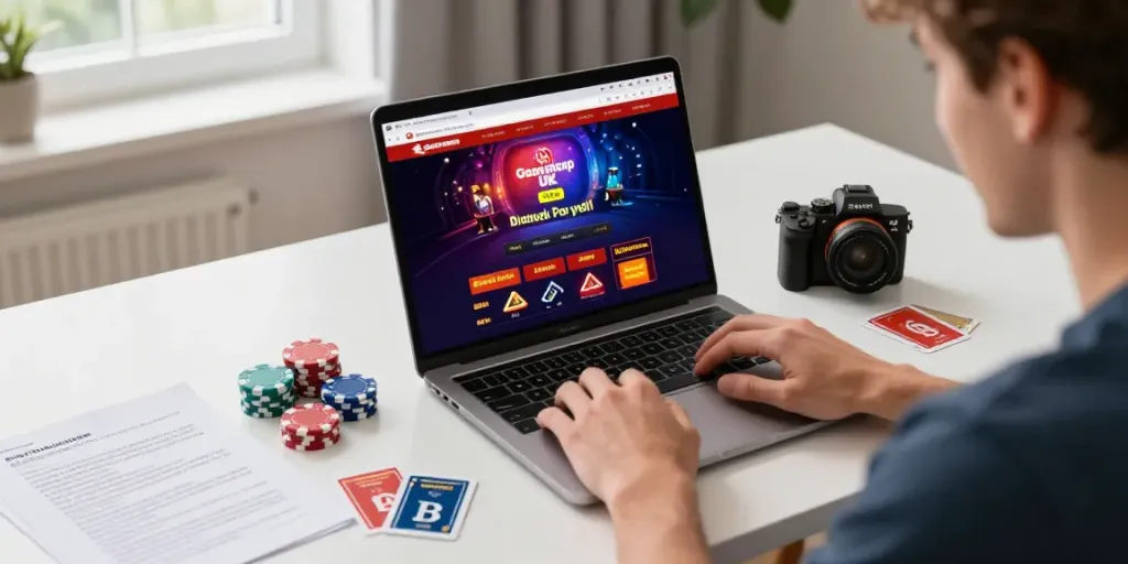 Player enjoying games at a non Gamstop UK casino on a laptop with colorful chips.