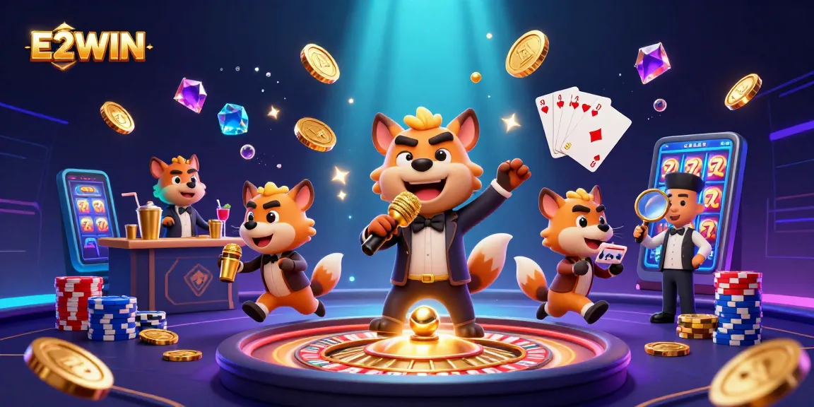 E2WIN casino scene with hyena characters featuring casino activities and gold coins for vibrant visuals.