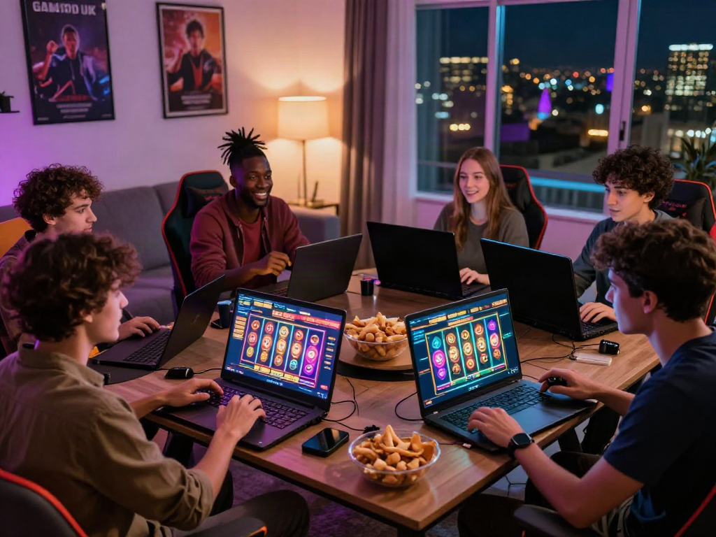 Friends enjoying a gaming night at home with non Gamstop UK casino games on laptops and smartphones.