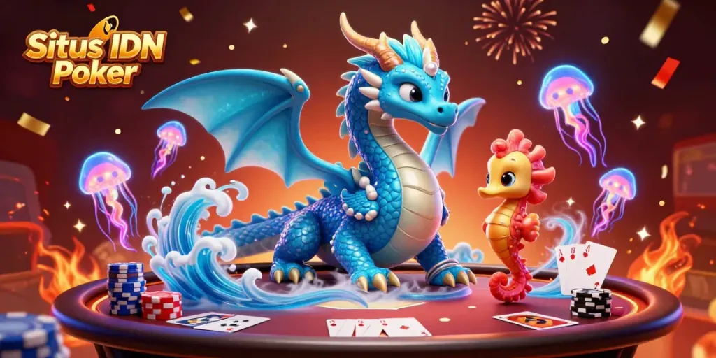 Situs IDN Poker showcases a vibrant 3D scene combining poker elements with mythical creatures, perfect for visual engagement.