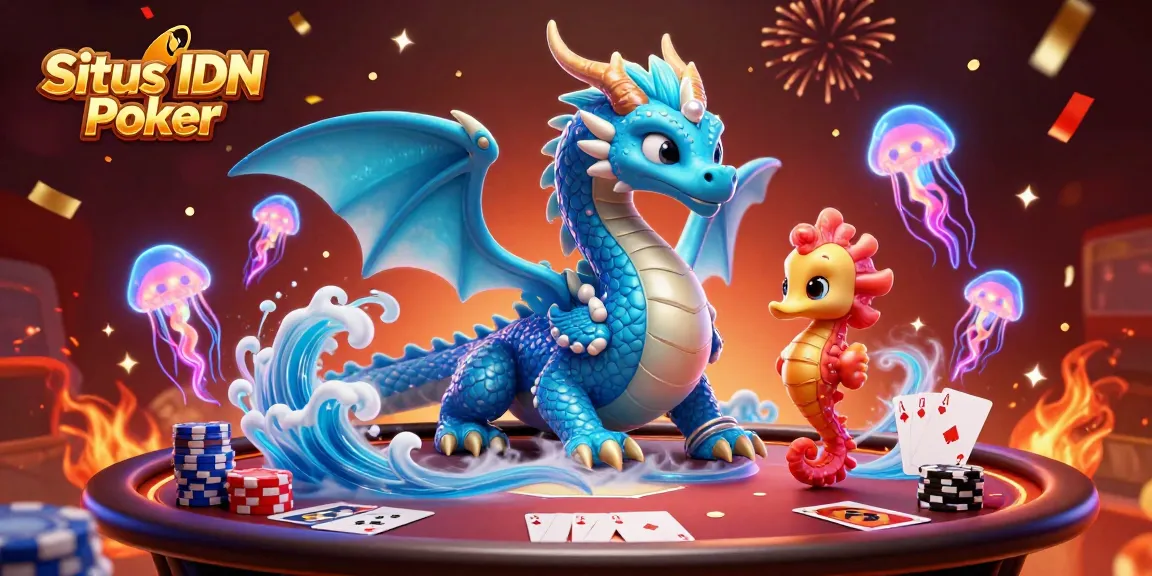 Situs IDN Poker showcases a vibrant 3D scene combining poker elements with mythical creatures, perfect for visual engagement.