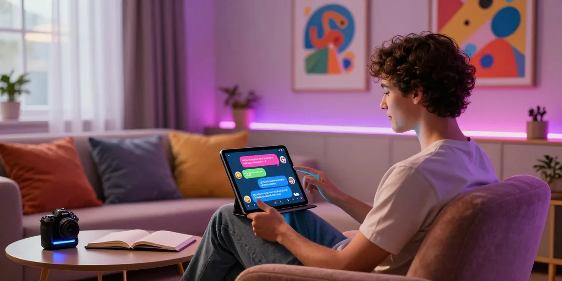Engaging in adventurous nsfw ai chat within a cozy, modern room filled with colorful dialogue and creative ambiance.