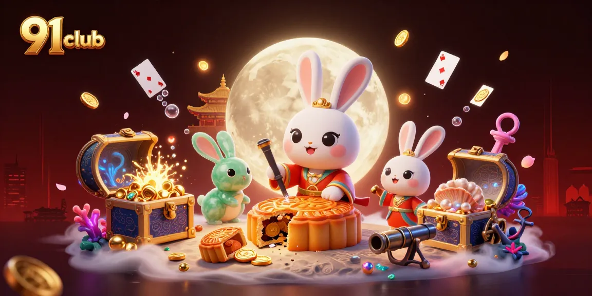 Explore the vibrant 91 club with a dynamic 3D illustration showcasing moon rabbits and casino elements.