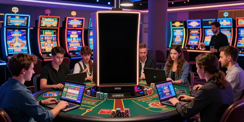 Engaged players at a vibrant non gamstop uk casino enjoying games on devices in a lively atmosphere.