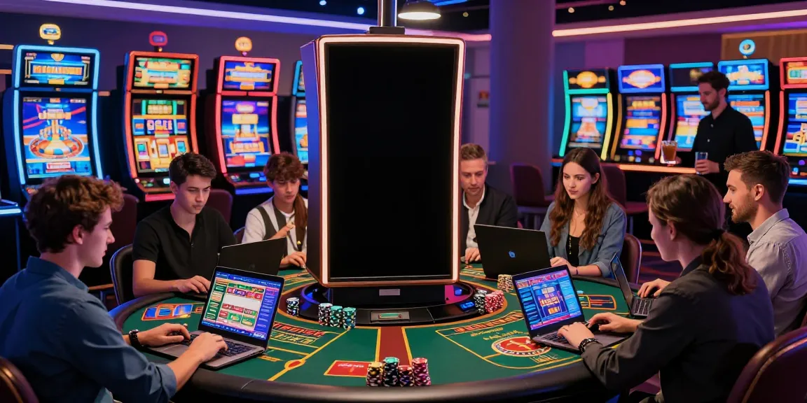 Engaged players at a vibrant non gamstop uk casino enjoying games on devices in a lively atmosphere.