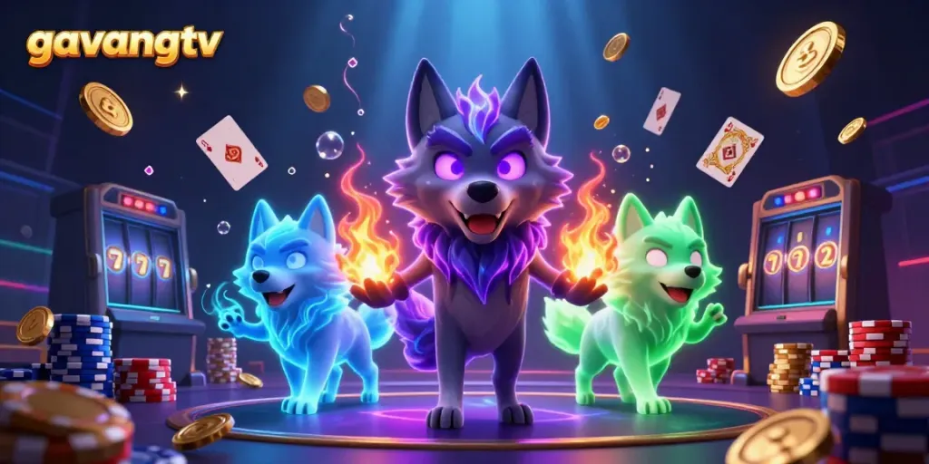 Experience exciting gameplay with Gavangtv, featuring neon-lit wolves and dynamic casino elements.