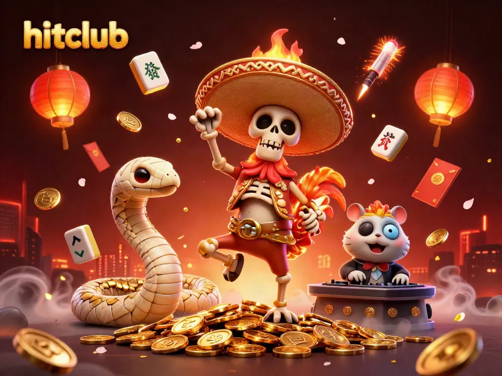 Hitclub showcases vibrant casino action with a mariachi rooster dancing on gold coins.