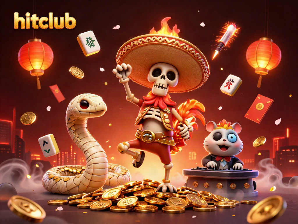 Hitclub showcases vibrant casino action with a mariachi rooster dancing on gold coins.