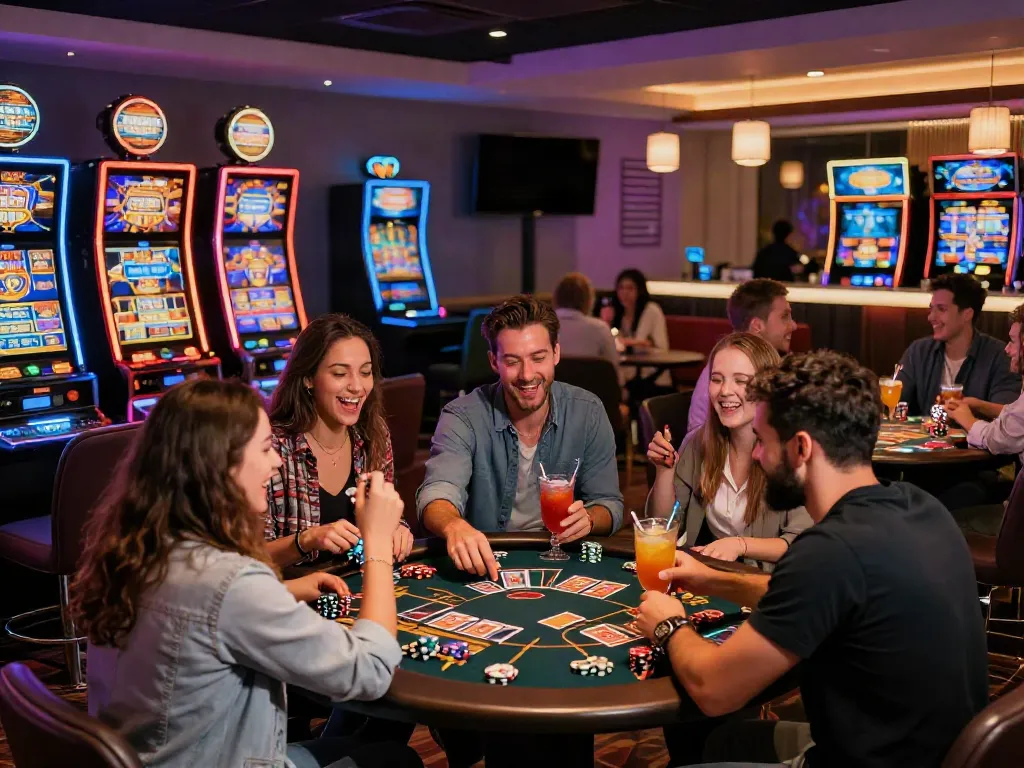 Friends enjoying games at a non Gamstop UK casino, vibrant atmosphere.