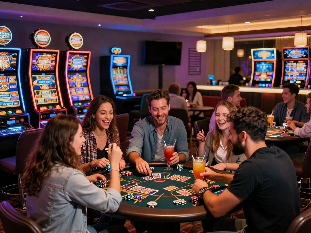 Friends enjoying games at a non Gamstop UK casino, vibrant atmosphere.