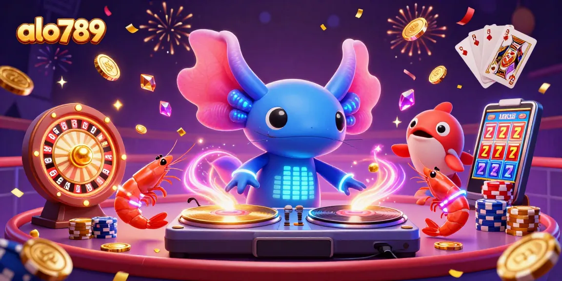 A vibrant scene showcasing alo789's dynamic cockfighting arena, featuring an axolotl DJ and energetic shrimp dancers.