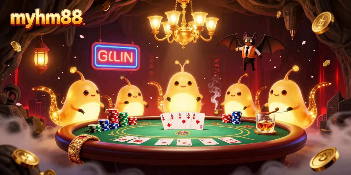 Playing poker at myhm88 with glowing glowworms lighting up the casino atmosphere, showcasing rich elements.