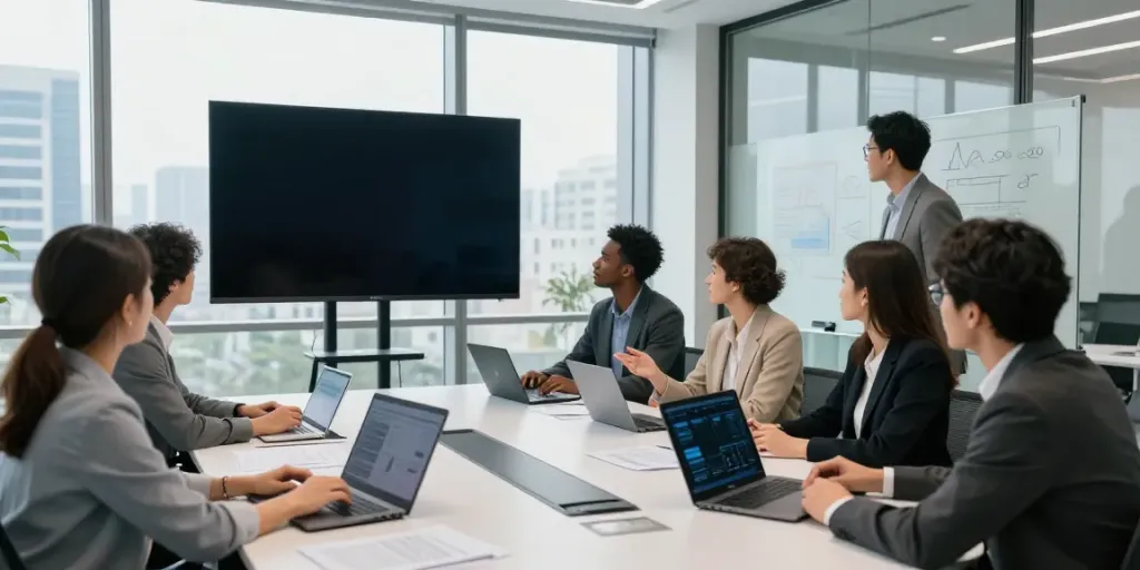 Team collaborating on enterprise AI strategies in a modern office.