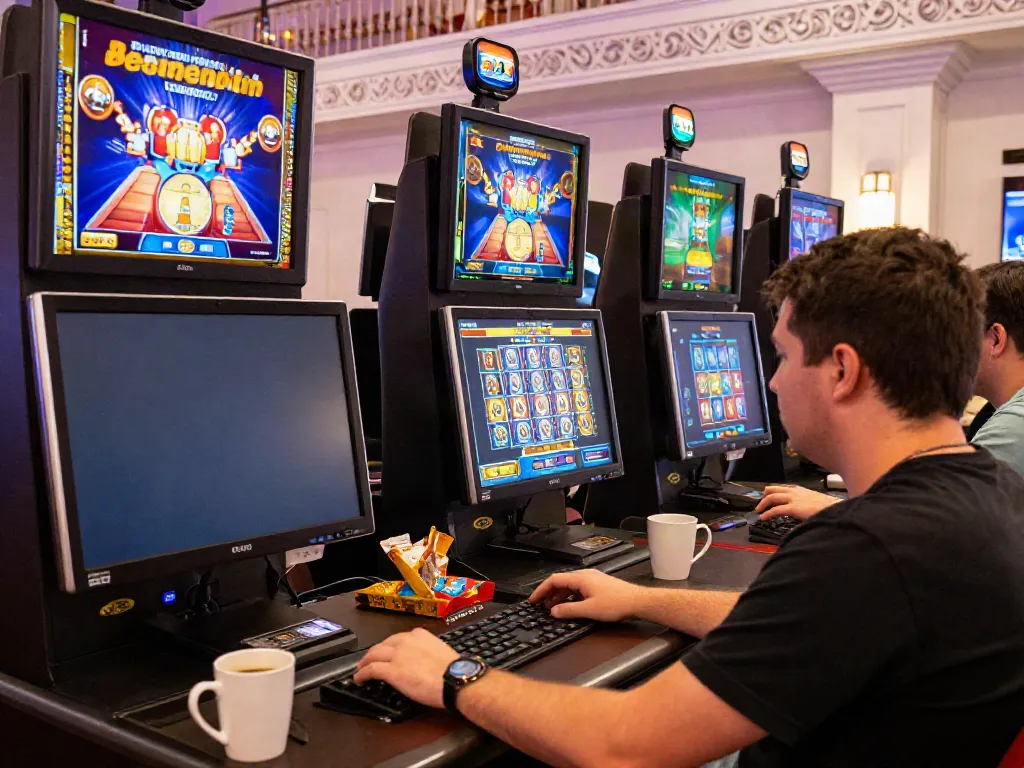 Player enjoying games at a non gamstop UK casino setup with vibrant decor and snacks.