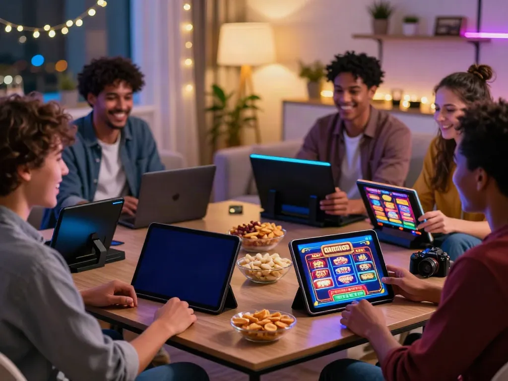 Friends playing games on non Gamstop UK casino devices in a cozy living room.