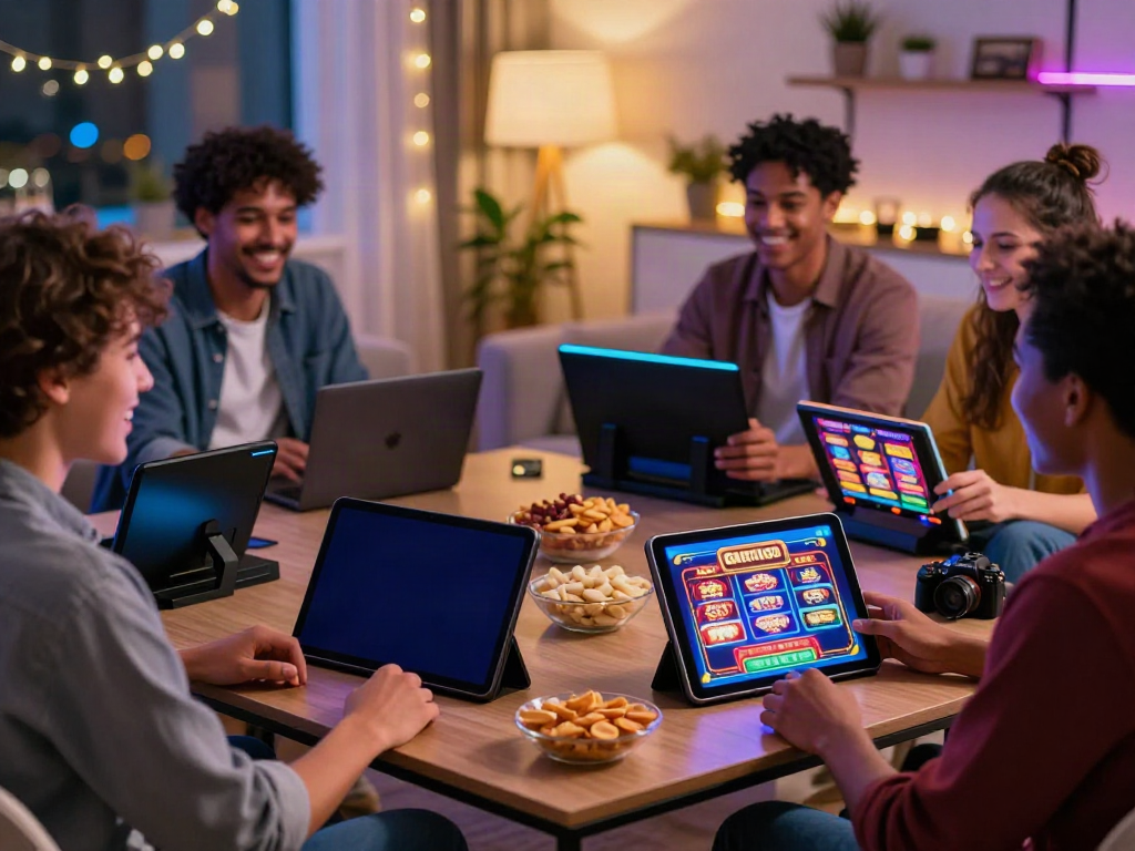 Friends playing games on non Gamstop UK casino devices in a cozy living room.