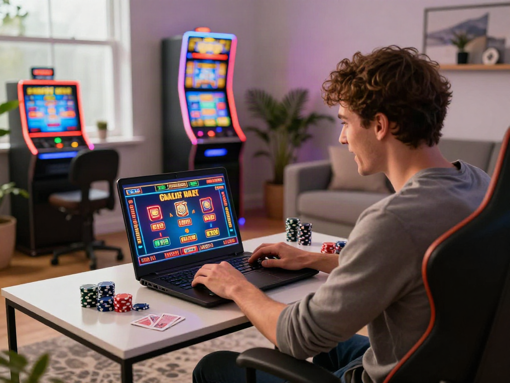 Immersive online gaming experience featuring a non gamstop uk casino atmosphere with vibrant laptop display and gaming accessories.