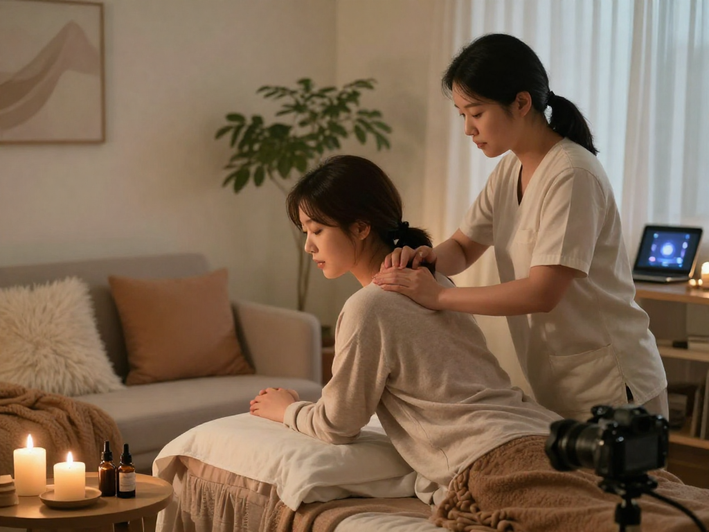 김포출장마사지 session in a tranquil home setting with a young woman enjoying a relaxing massage.