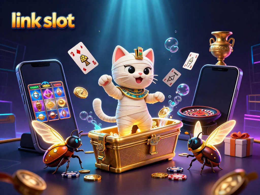 Experience thrilling gameplay with the link slot featuring the Egyptian mummy cat in a lively casino scene.