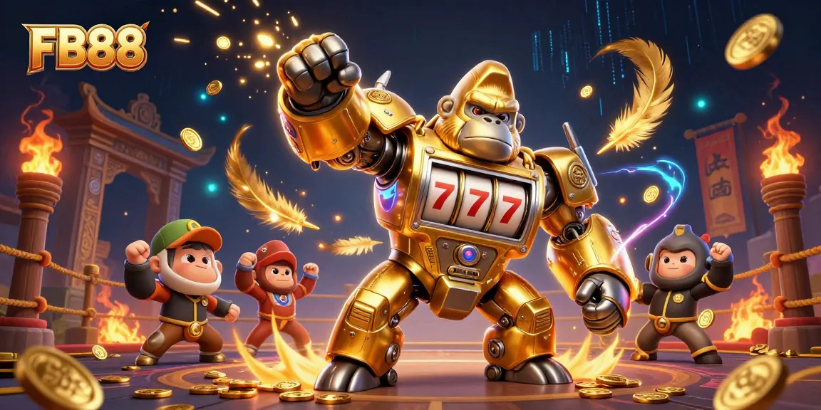 Experience the excitement of FB88 with a dynamic 3D illustration showcasing a golden gorilla mech and slot machine elements.