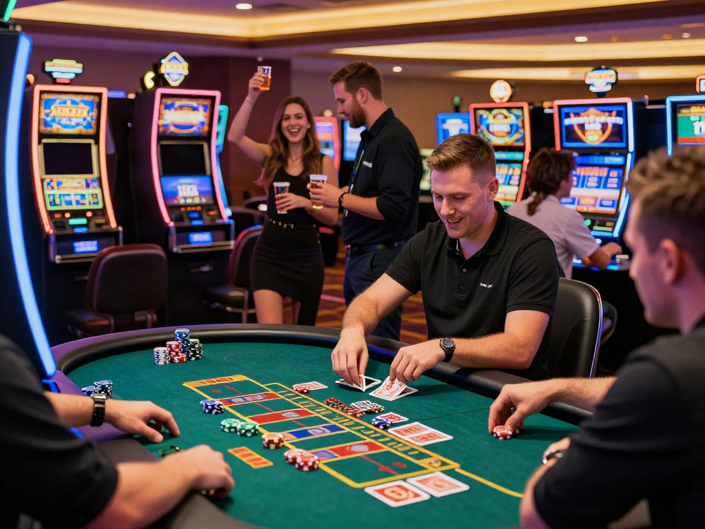 Exciting non GamStop UK casino atmosphere with player at a vibrant gaming table.