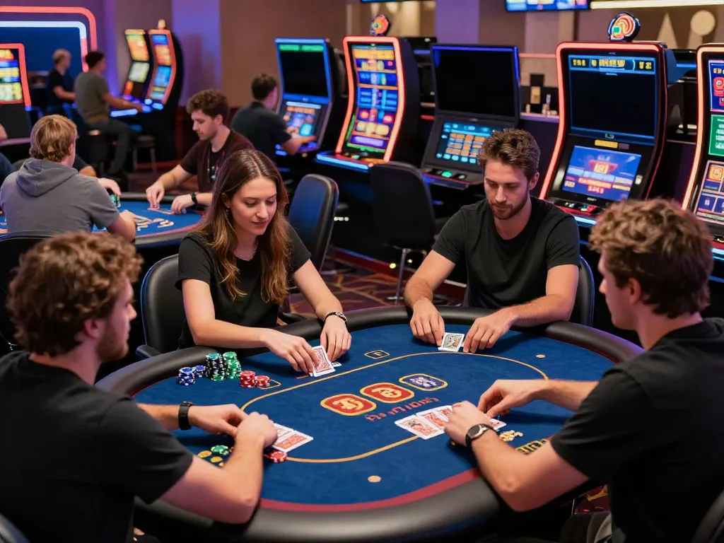 Engaging players at a non GamStop UK casino, lively atmosphere with colorful games and digital displays.