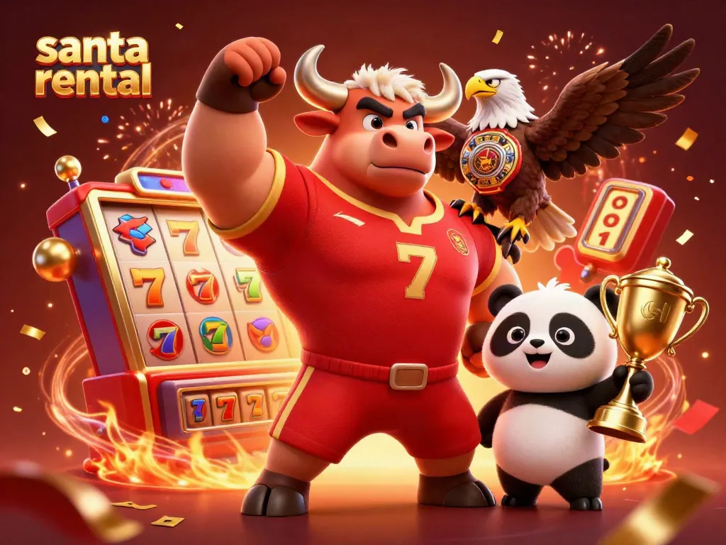 Santa rental celebrates excitement with a cartoon bull, eagle, and panda amidst spinning slot reels.
