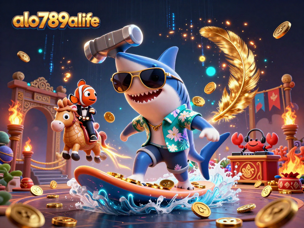 A lively 3D scene showcasing a hammer-head shark and clownfish at alo789alife, surrounded by gold coins and vibrant casino elements.