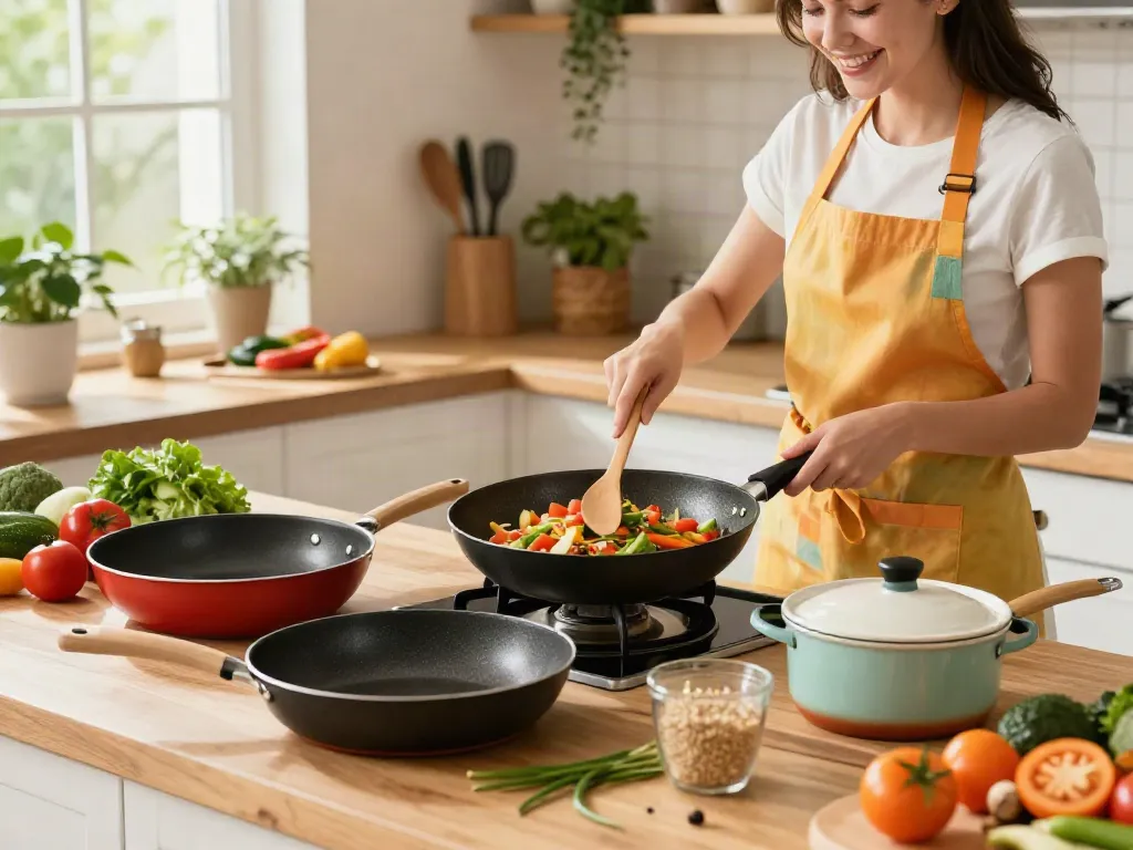 Non-Stick Cookware price in Bangladesh showcased in a sunny kitchen with a home cook preparing colorful meals.