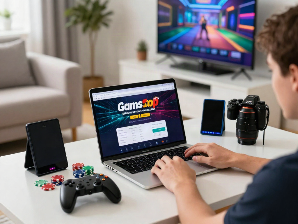 Engaging with a non GamStop UK casino on a laptop with colorful gaming chips and LED lights.