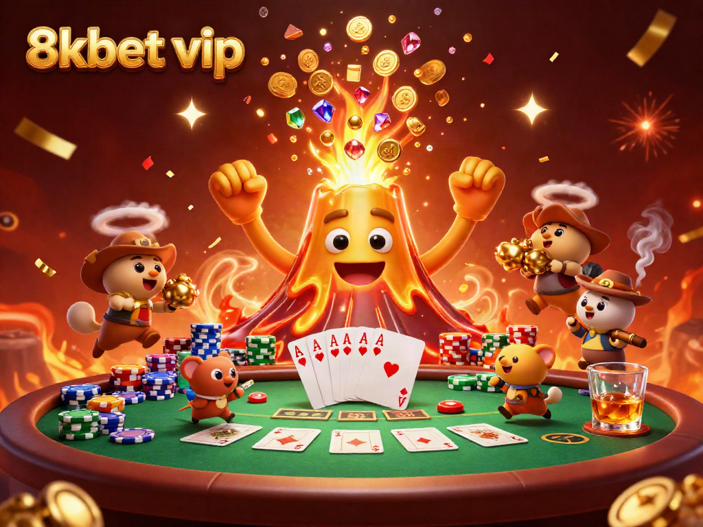 Win treasures in an exciting 8kbet vip casino scene with golden volcano and poker elements.