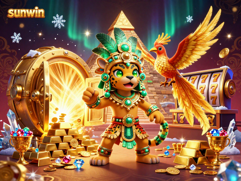 Experience sunwin's thrilling jackpot adventures with vibrant casino elements in this stunning 3D illustration.