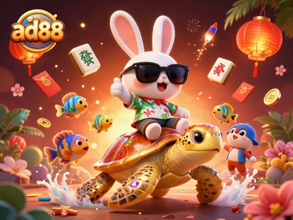 Engage with ad88's vibrant casino scene featuring lucky rabbit and golden turtle amidst gaming excitement.