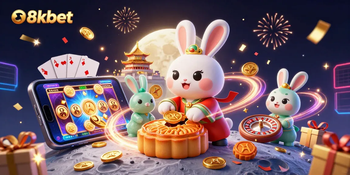Engage with exciting gaming experiences at 88kbet, featuring a moon rabbit, poker chips, and vibrant casino elements.