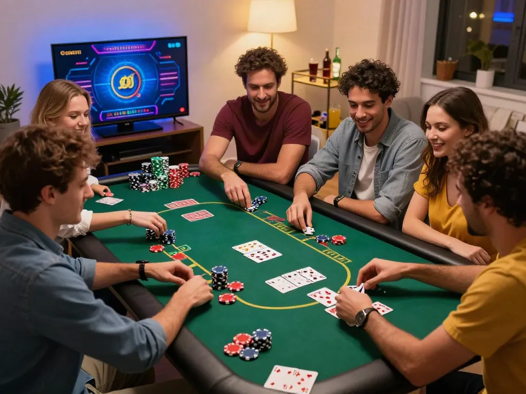 Exciting gaming scene at a non gamstop UK casino with friends enjoying blackjack together.