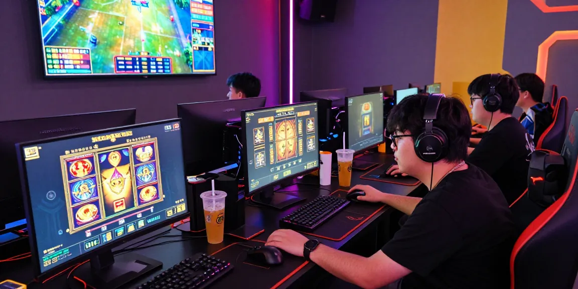 CICAKWIN gaming enthusiasts engaged in an exciting slot gaming session at a vibrant online café.