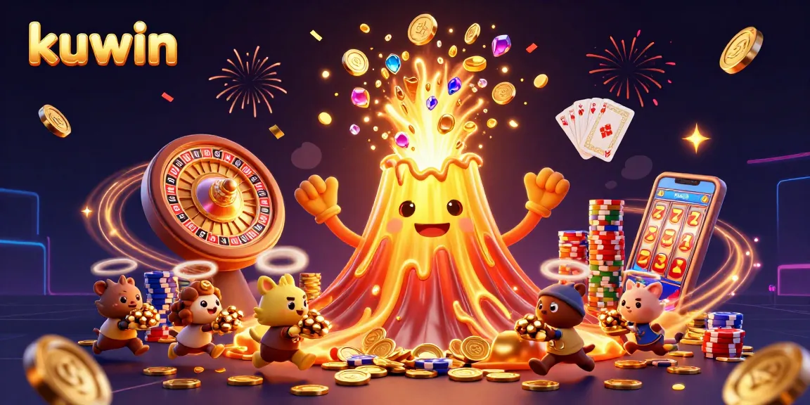 Kuwin showcases a thrilling casino scene with a golden volcano, coins, and treasures in dazzling chaos.
