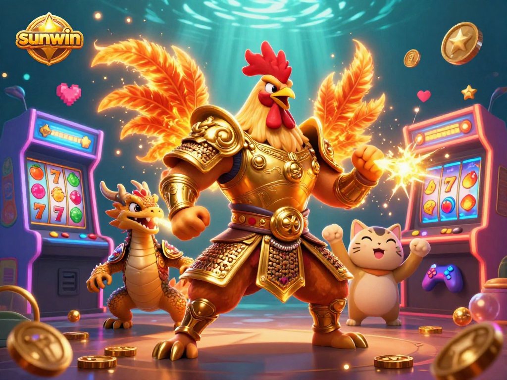 Feel the excitement at sunwin with a vibrant casino scene featuring a rooster warrior and dragon hatchling.