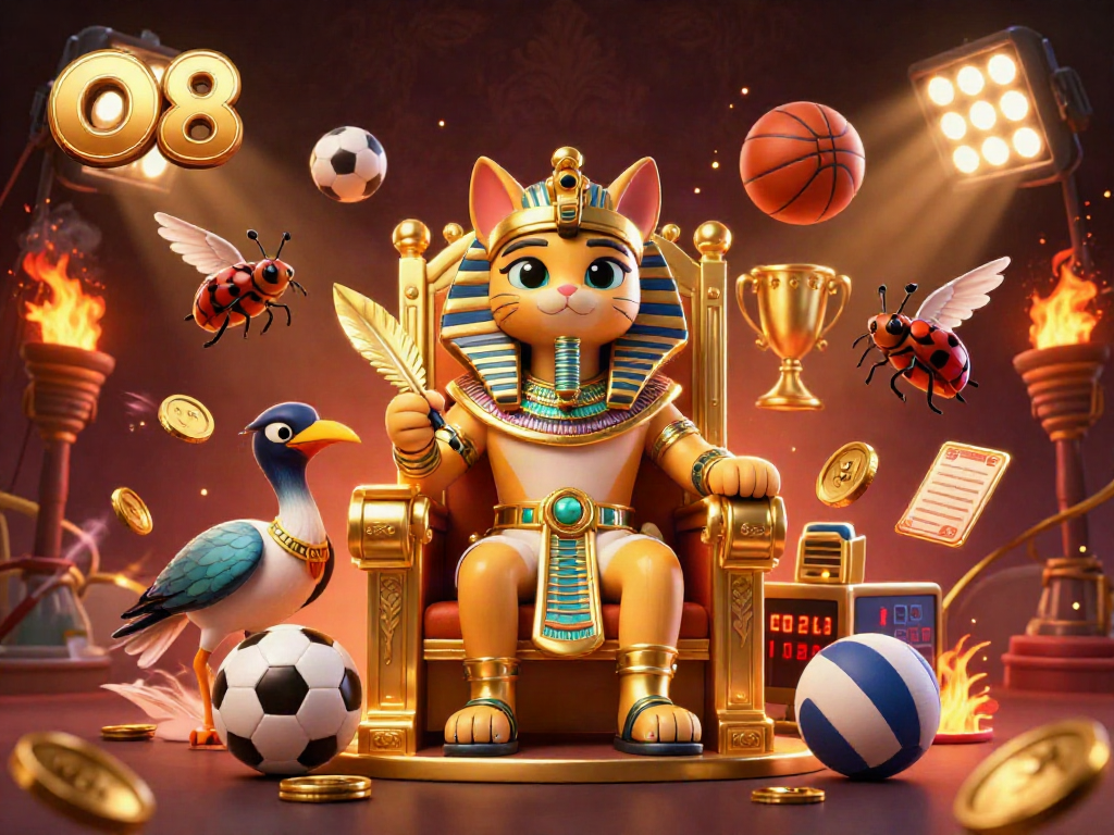 Experience thrilling gameplay at O8 with Egyptian-themed characters surrounded by sports and casino elements.