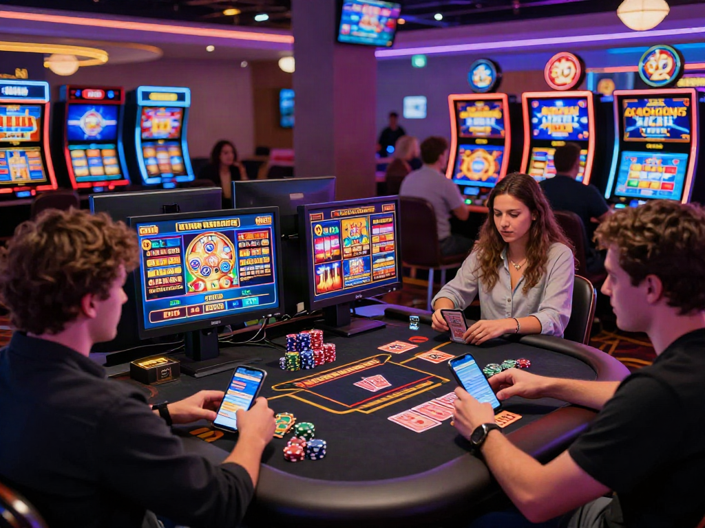 Players enjoying a vibrant non Gamstop UK casino online gaming experience with digital slot games and live dealer tables.