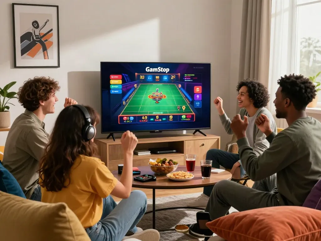 Engaging non GamStop UK casino gaming scene with friends enjoying their experience in a cozy living room.