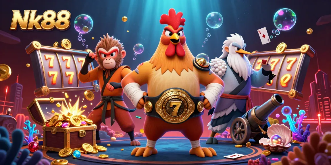 Experience the thrill of Nk88 with dynamic gaming elements and vibrant characters in a casino-themed scene.